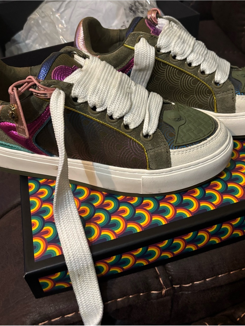 By Kurt Geiger-Woman’s Colorful Low-Top Sneakers w/Olive, Pink & White Accents
